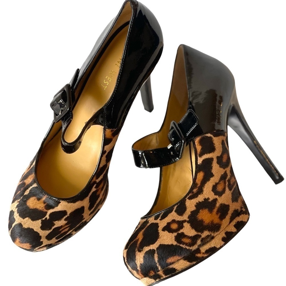 Nine West Stiletto Pumps Heels Leopard Fur Black Patent Leather Mary Jane, 7M